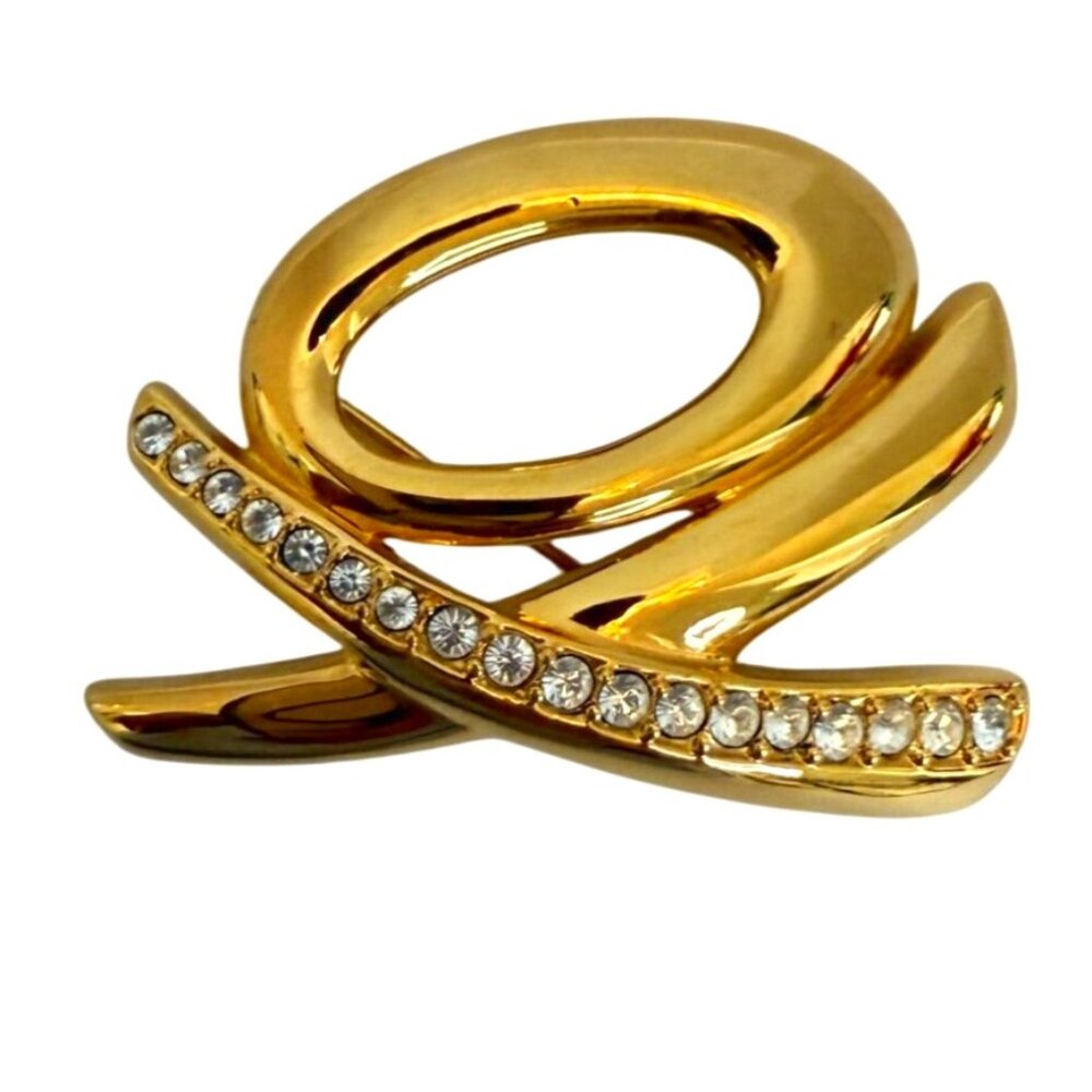 Vintage Monet Gold-Tone Abstract Brooch With Rhinestone Accent Old Money Elegant